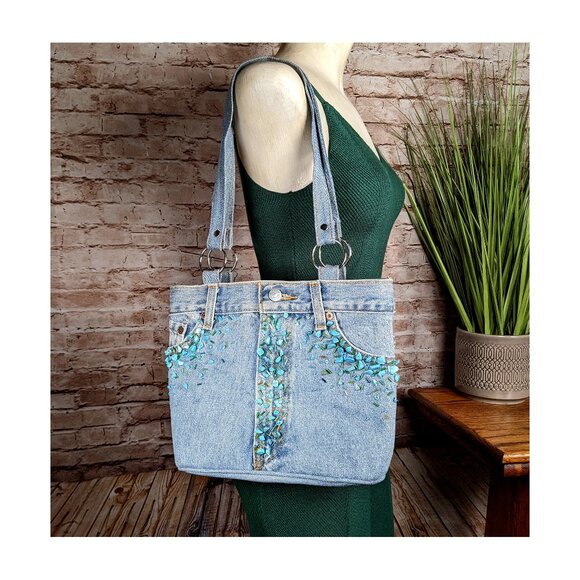 VTG Hand & Heart Walnut CA Hand MadeTURQUOISE Stones DENIM SHOULDER Bag BEADED - Picture 1 of 11